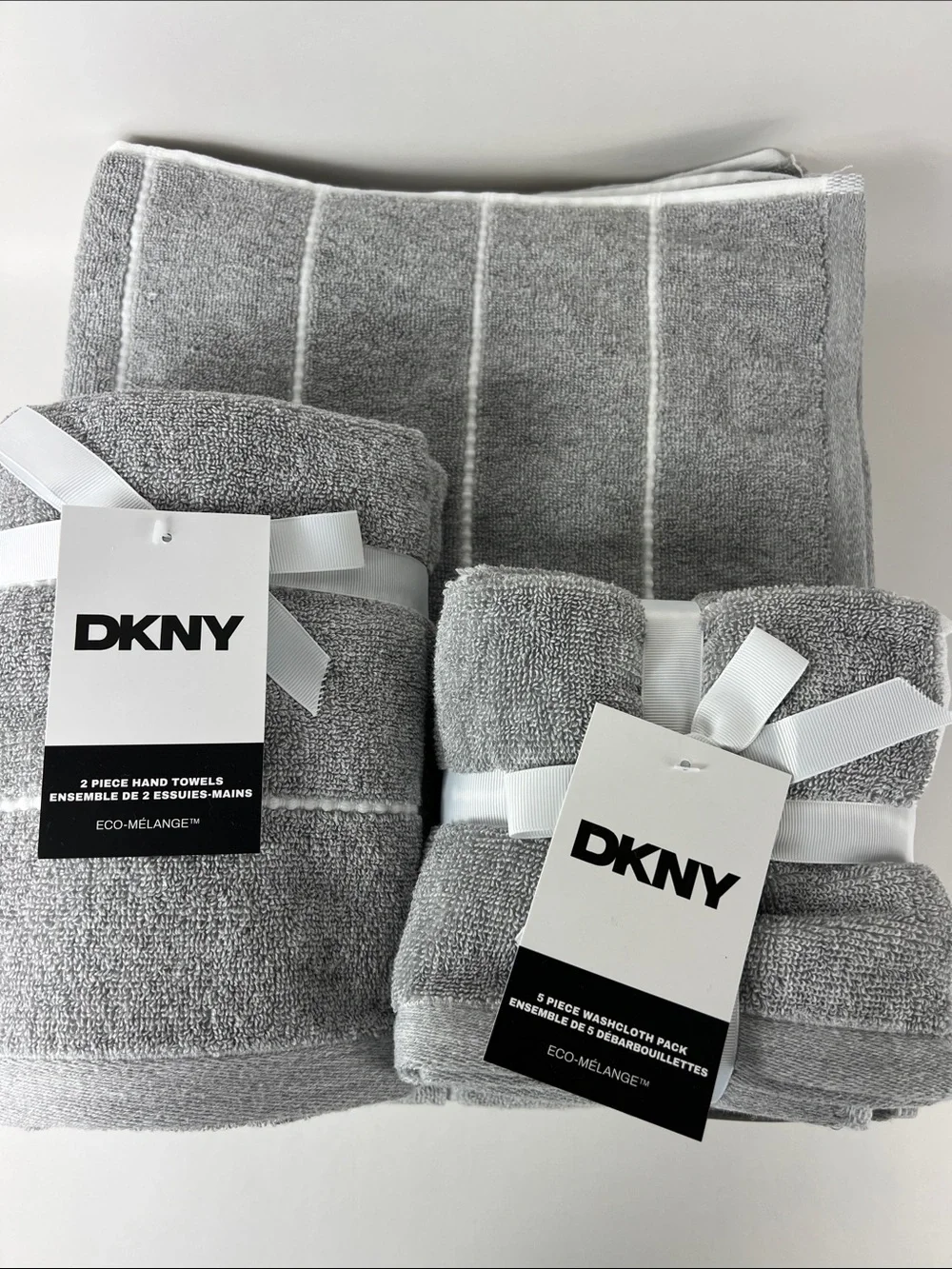 DKNY Bath Towel Set Eco Melange Light Gray White Soft Cotton Set of 8 NEW